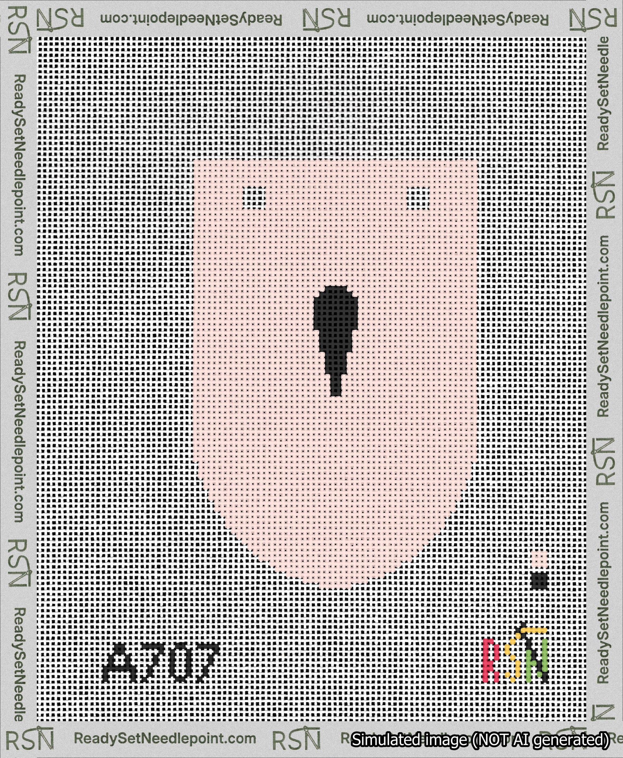 A taped needlepoint canvas with the design: Banner 13 mesh count Rounded Apostrophe Black on Pink.