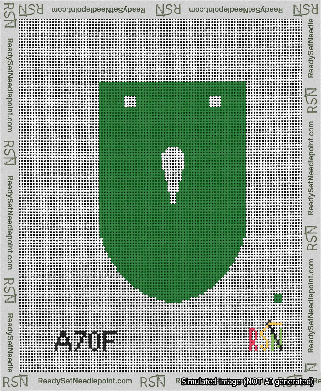 A taped needlepoint canvas with the design: Banner 13 mesh count Rounded Apostrophe White on Green.