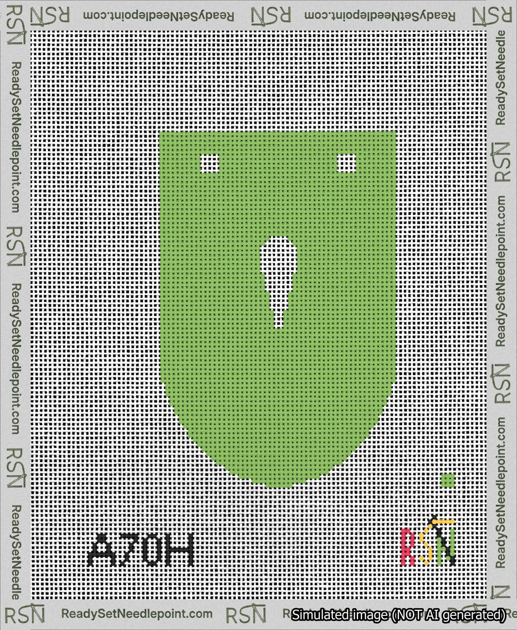 A taped needlepoint canvas with the design: Banner 13 mesh count Rounded Apostrophe White on Light Green.