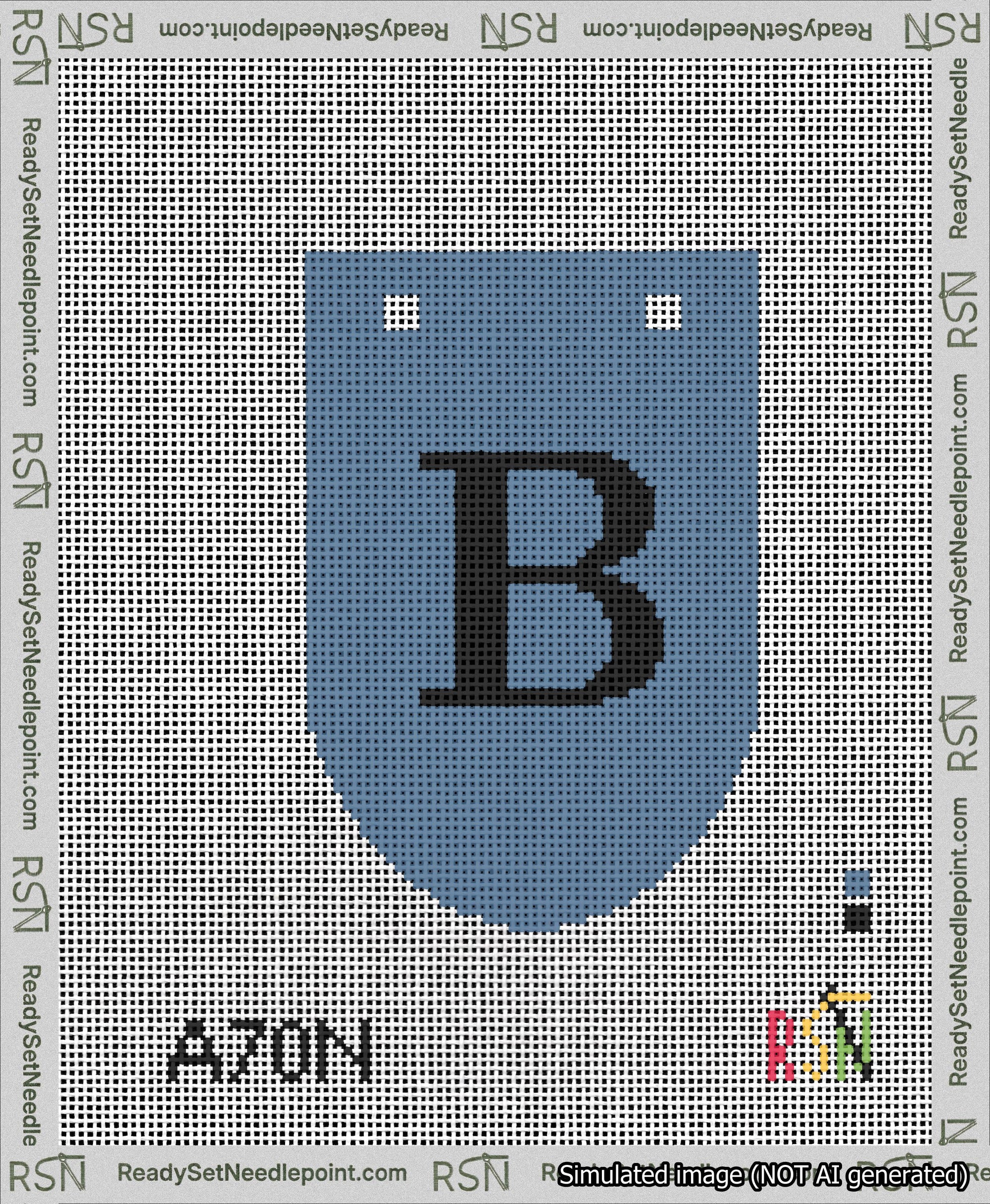 A taped needlepoint canvas with the design: Banner 13 mesh count Rounded B Black on Blue.