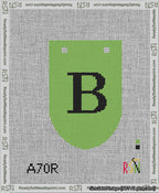 A taped needlepoint canvas with the design: Banner 13 mesh count Rounded B Black on Light Green.