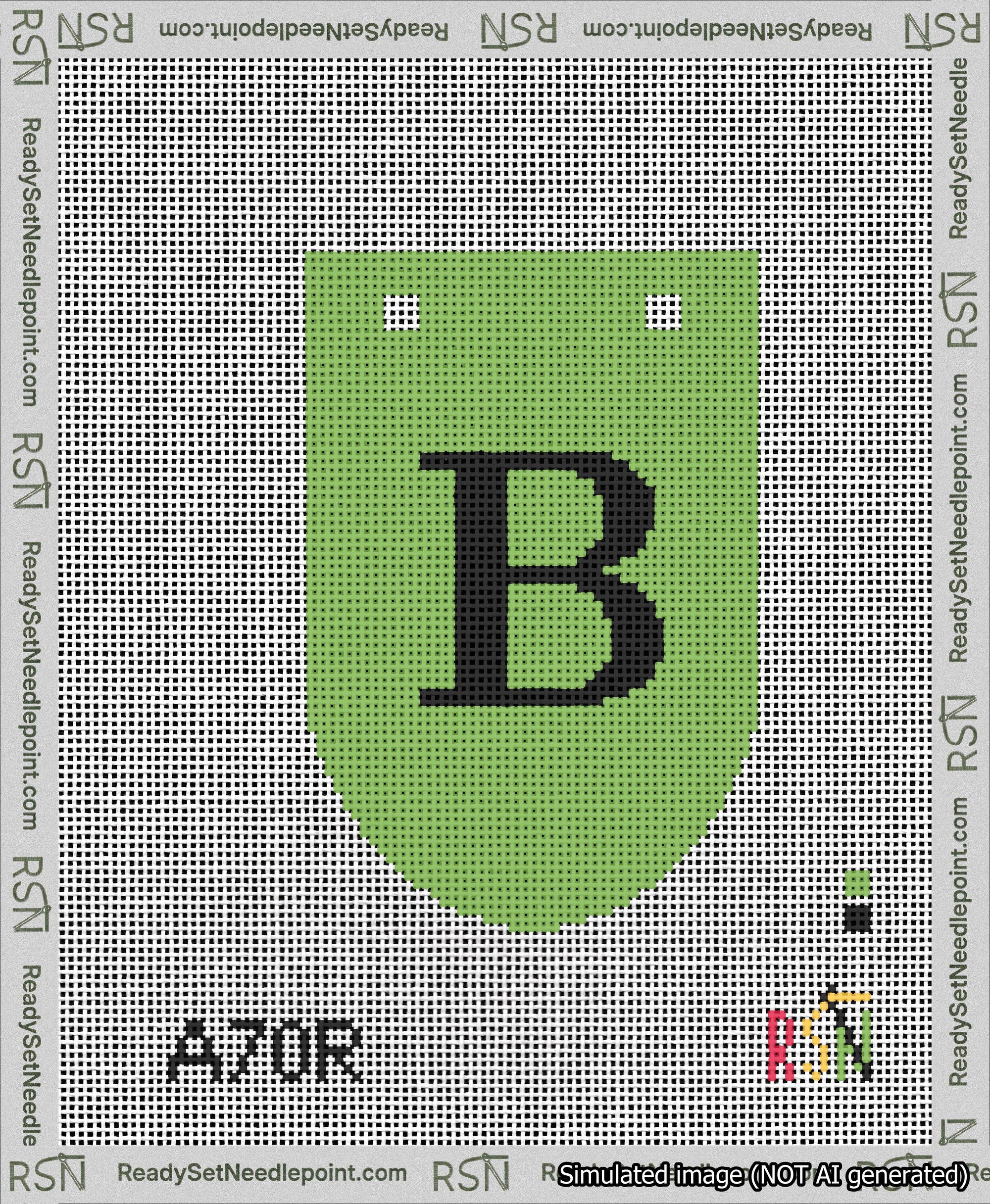 A taped needlepoint canvas with the design: Banner 13 mesh count Rounded B Black on Light Green.