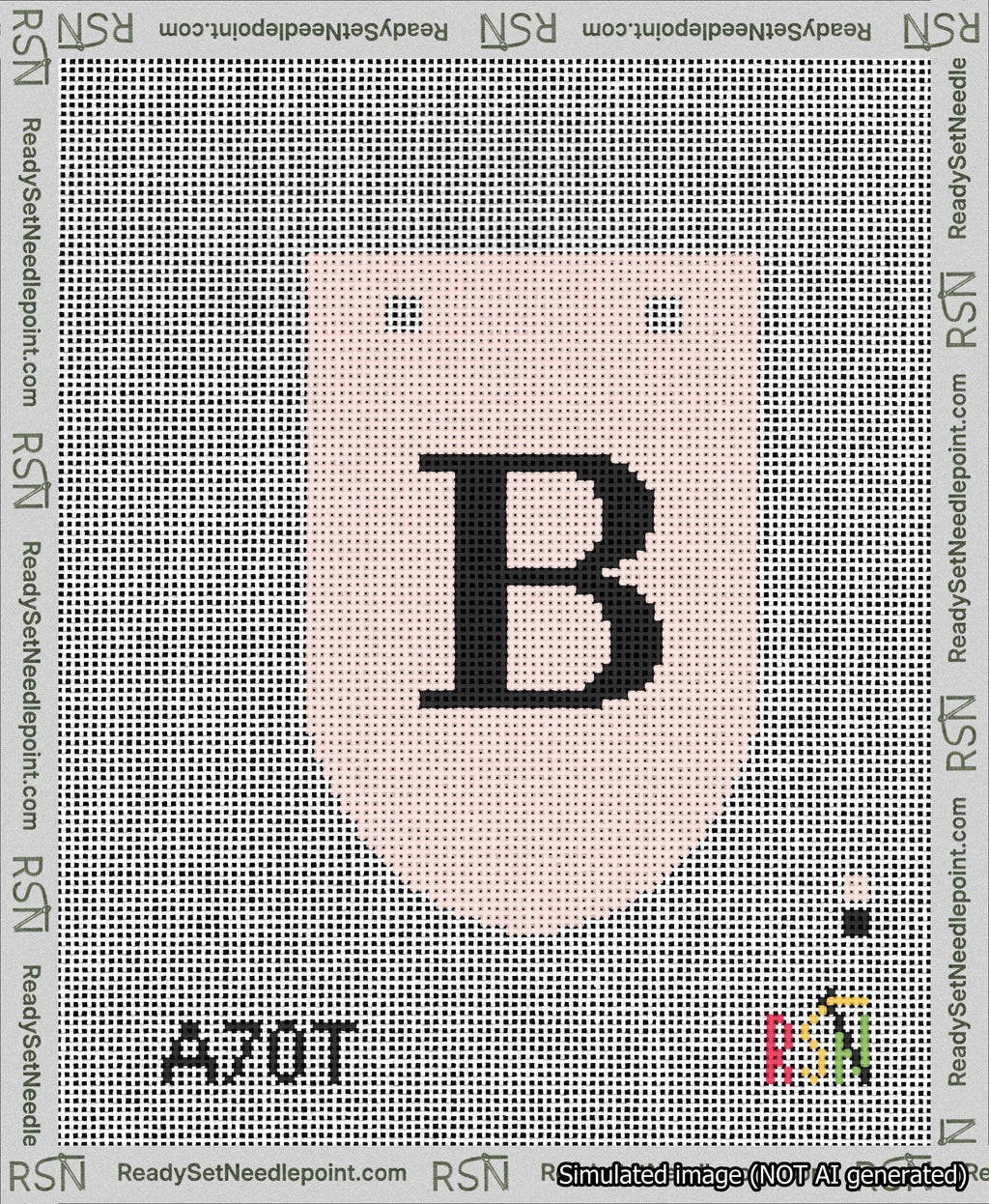 A taped needlepoint canvas with the design: Banner 13 mesh count Rounded B Black on Pink.