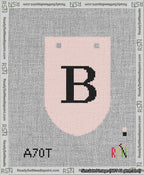 A taped needlepoint canvas with the design: Banner 13 mesh count Rounded B Black on Pink.