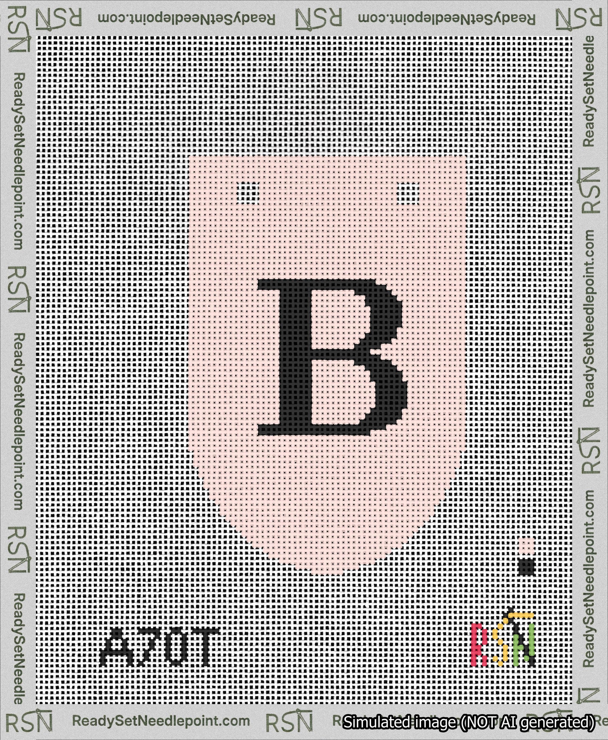 A taped needlepoint canvas with the design: Banner 13 mesh count Rounded B Black on Pink.