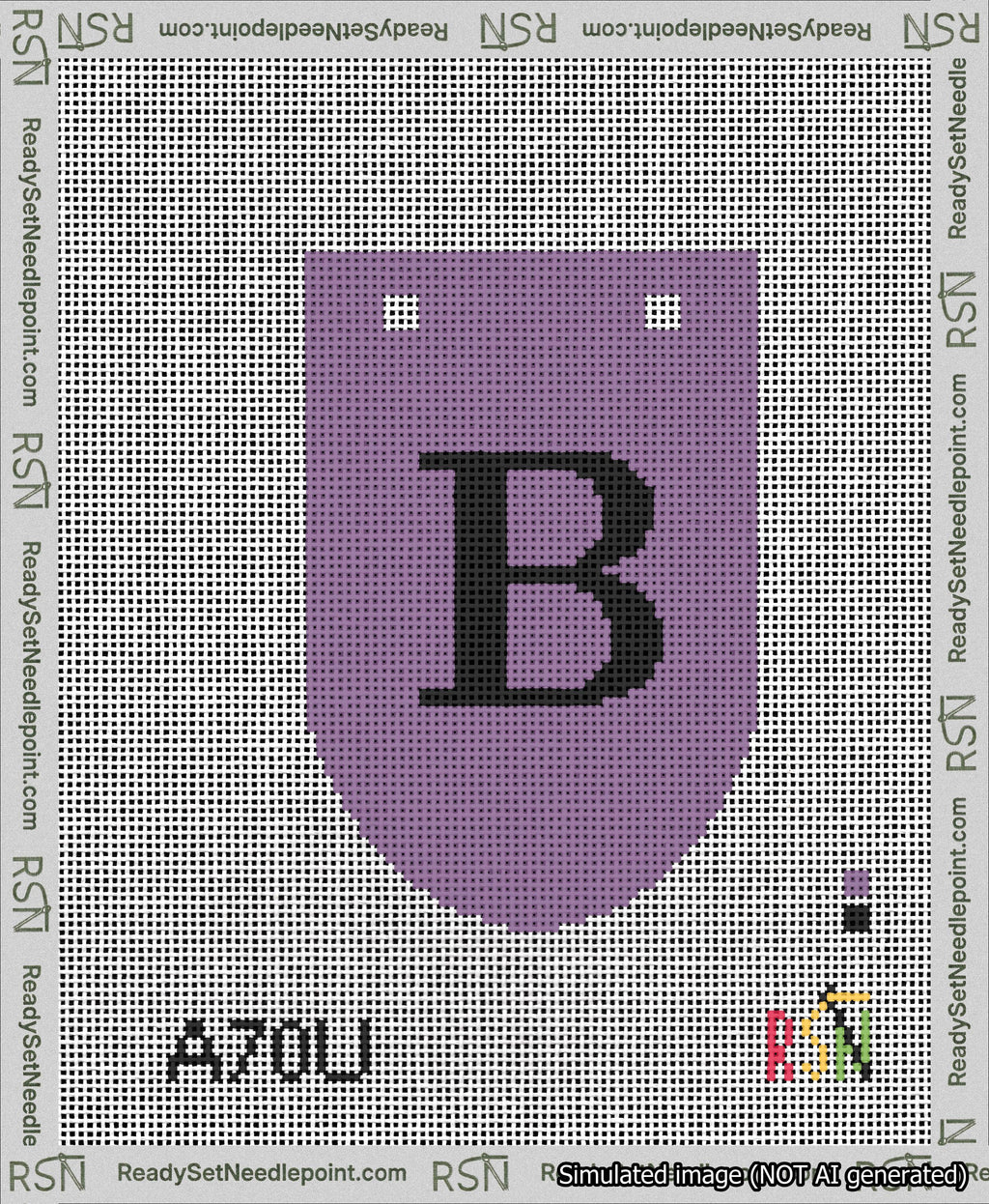 A taped needlepoint canvas with the design: Banner 13 mesh count Rounded B Black on Purple.
