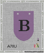 A taped needlepoint canvas with the design: Banner 13 mesh count Rounded B Black on Purple.
