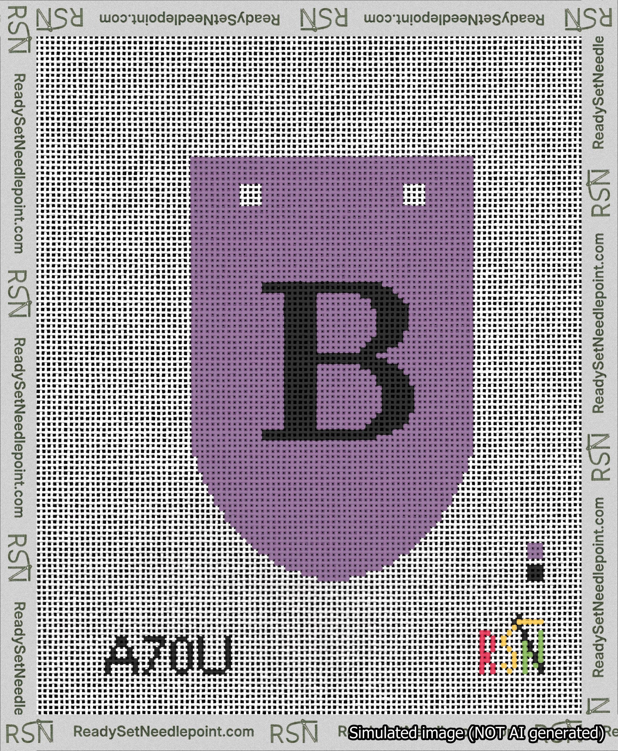 A taped needlepoint canvas with the design: Banner 13 mesh count Rounded B Black on Purple.