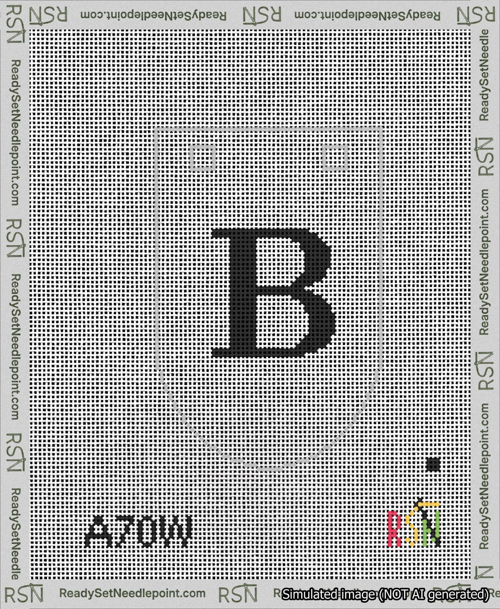 A taped needlepoint canvas with the design: Banner 13 mesh count Rounded B Black on White.