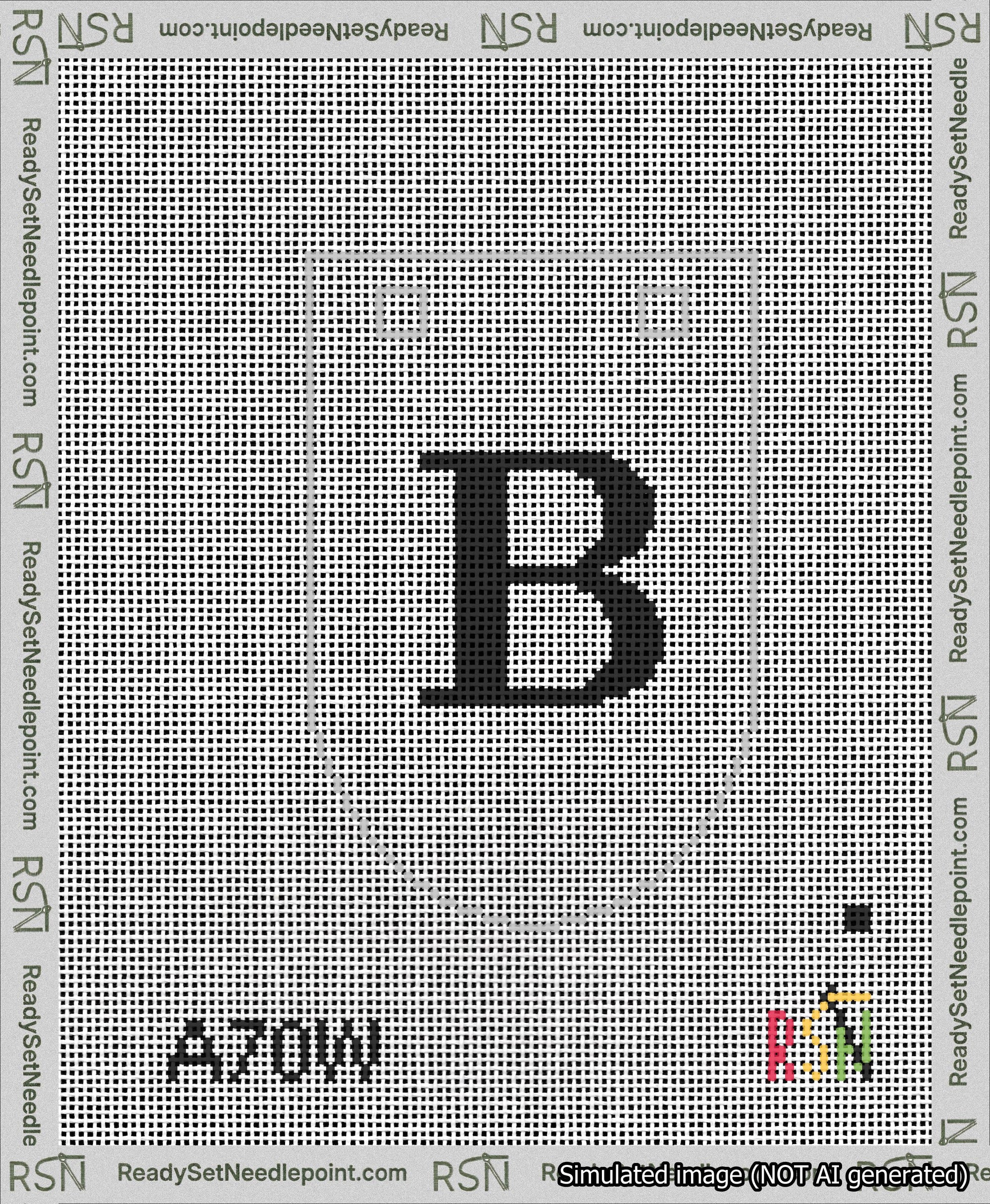 A taped needlepoint canvas with the design: Banner 13 mesh count Rounded B Black on White.