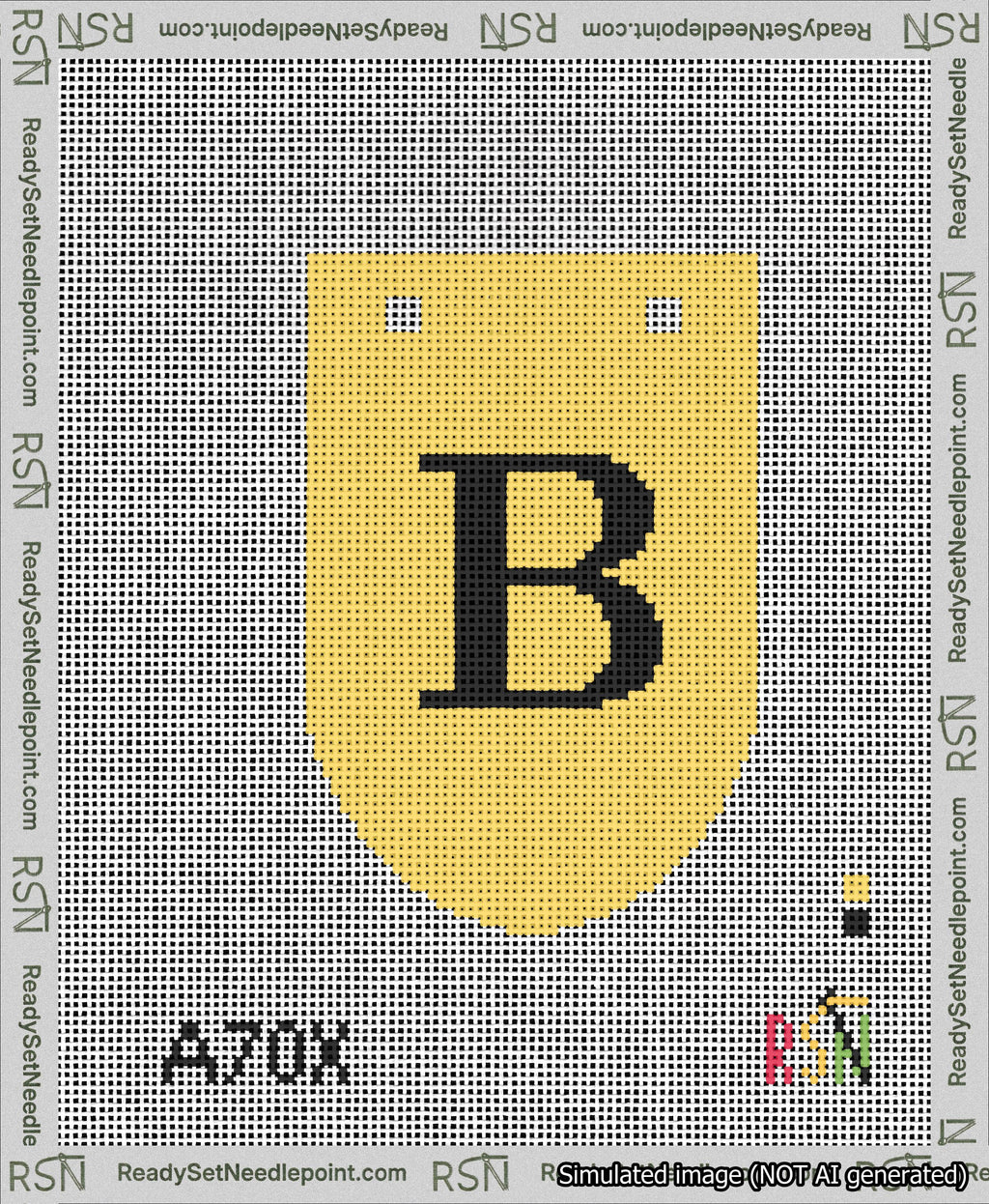 A taped needlepoint canvas with the design: Banner 13 mesh count Rounded B Black on Yellow.