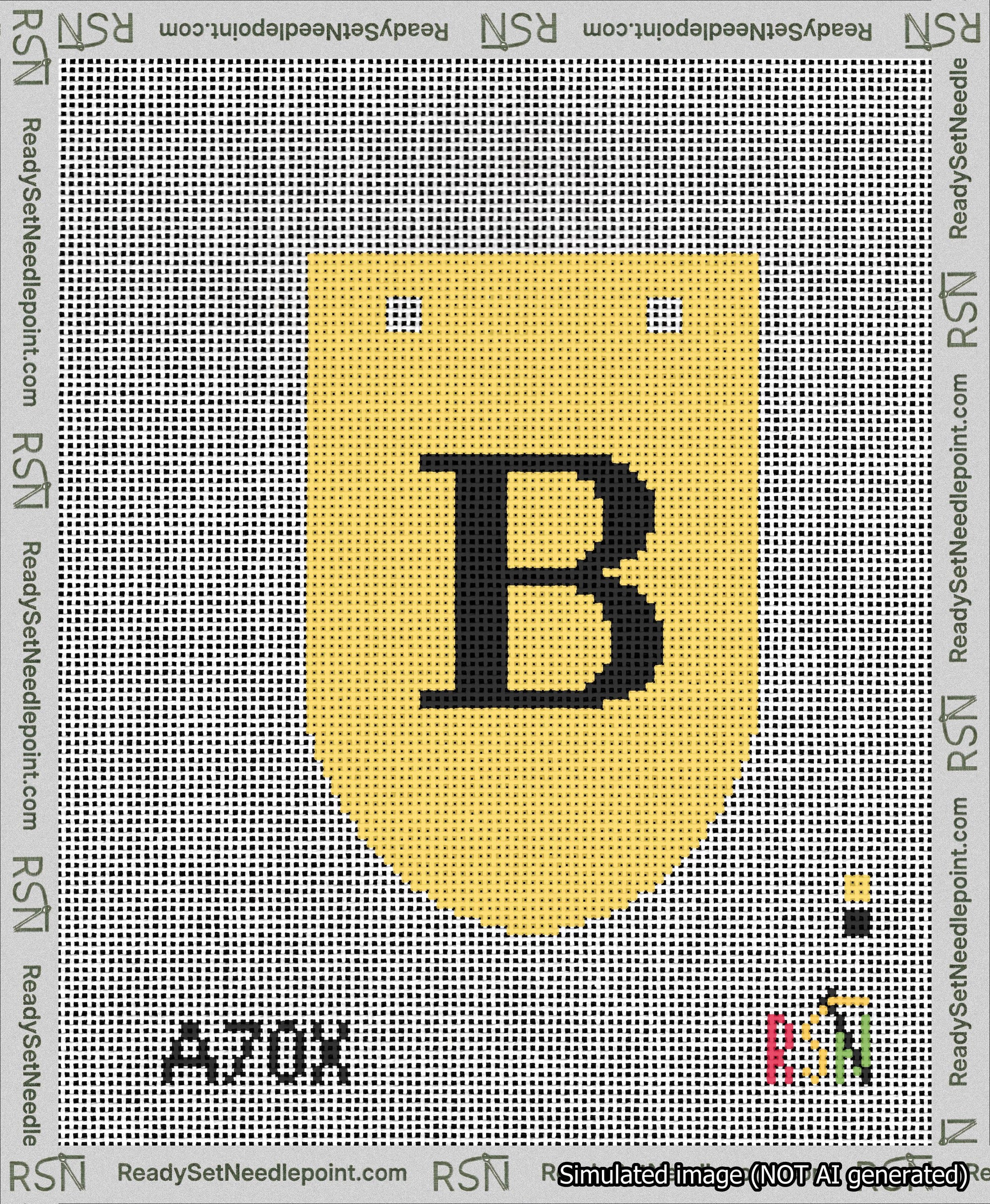 A taped needlepoint canvas with the design: Banner 13 mesh count Rounded B Black on Yellow.