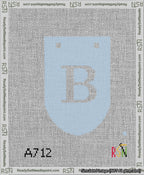 A taped needlepoint canvas with the design: Banner 13 mesh count Rounded B White on Light Blue.