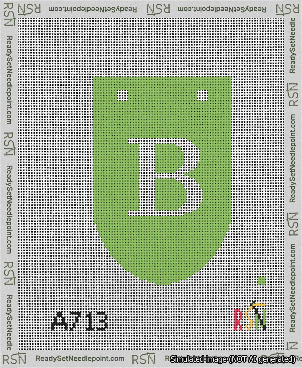 A taped needlepoint canvas with the design: Banner 13 mesh count Rounded B White on Light Green.