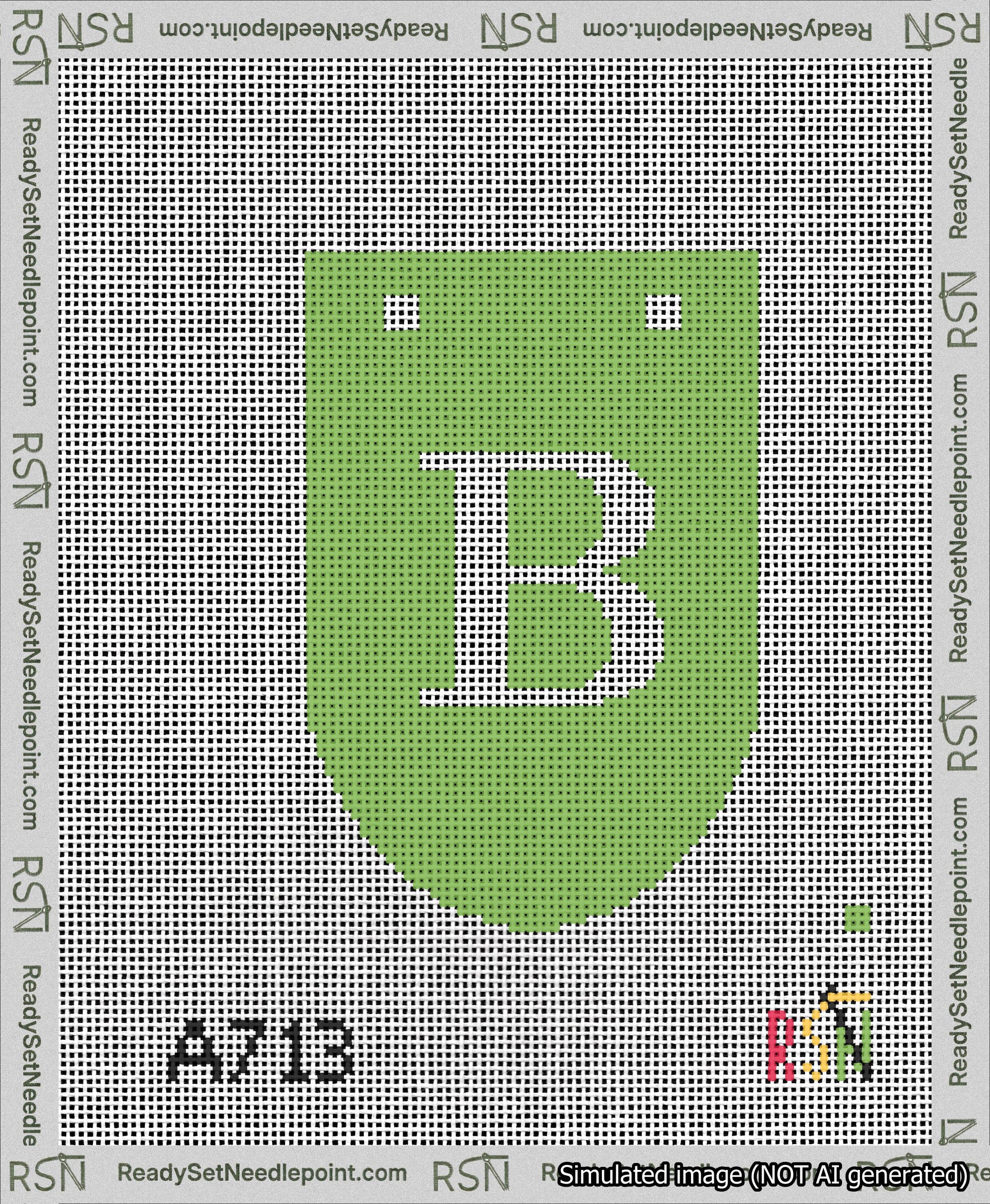 A taped needlepoint canvas with the design: Banner 13 mesh count Rounded B White on Light Green.