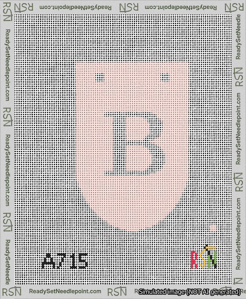 A taped needlepoint canvas with the design: Banner 13 mesh count Rounded B White on Pink.