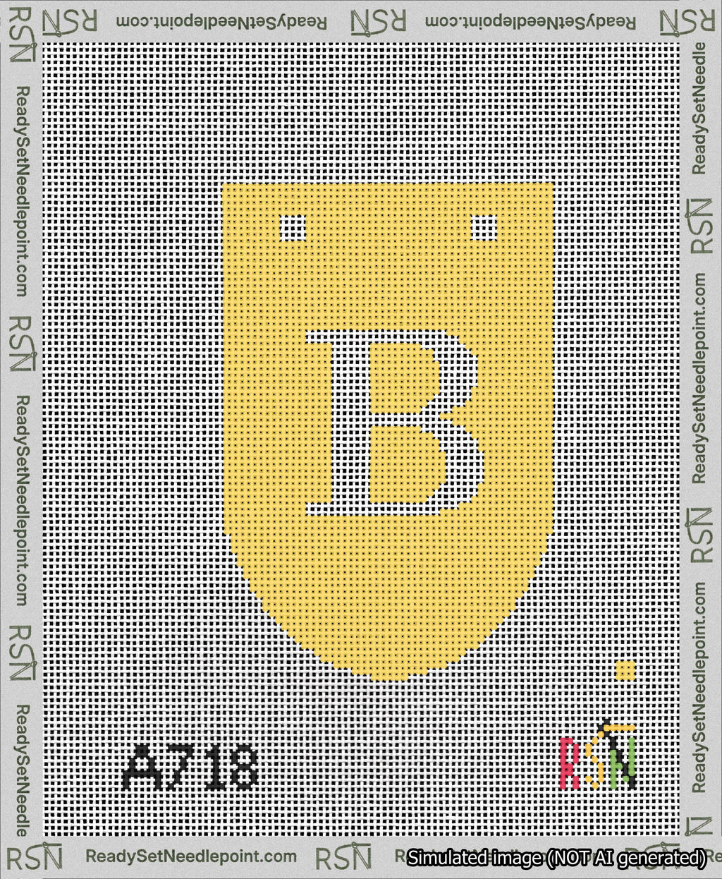 A taped needlepoint canvas with the design: Banner 13 mesh count Rounded B White on Yellow.