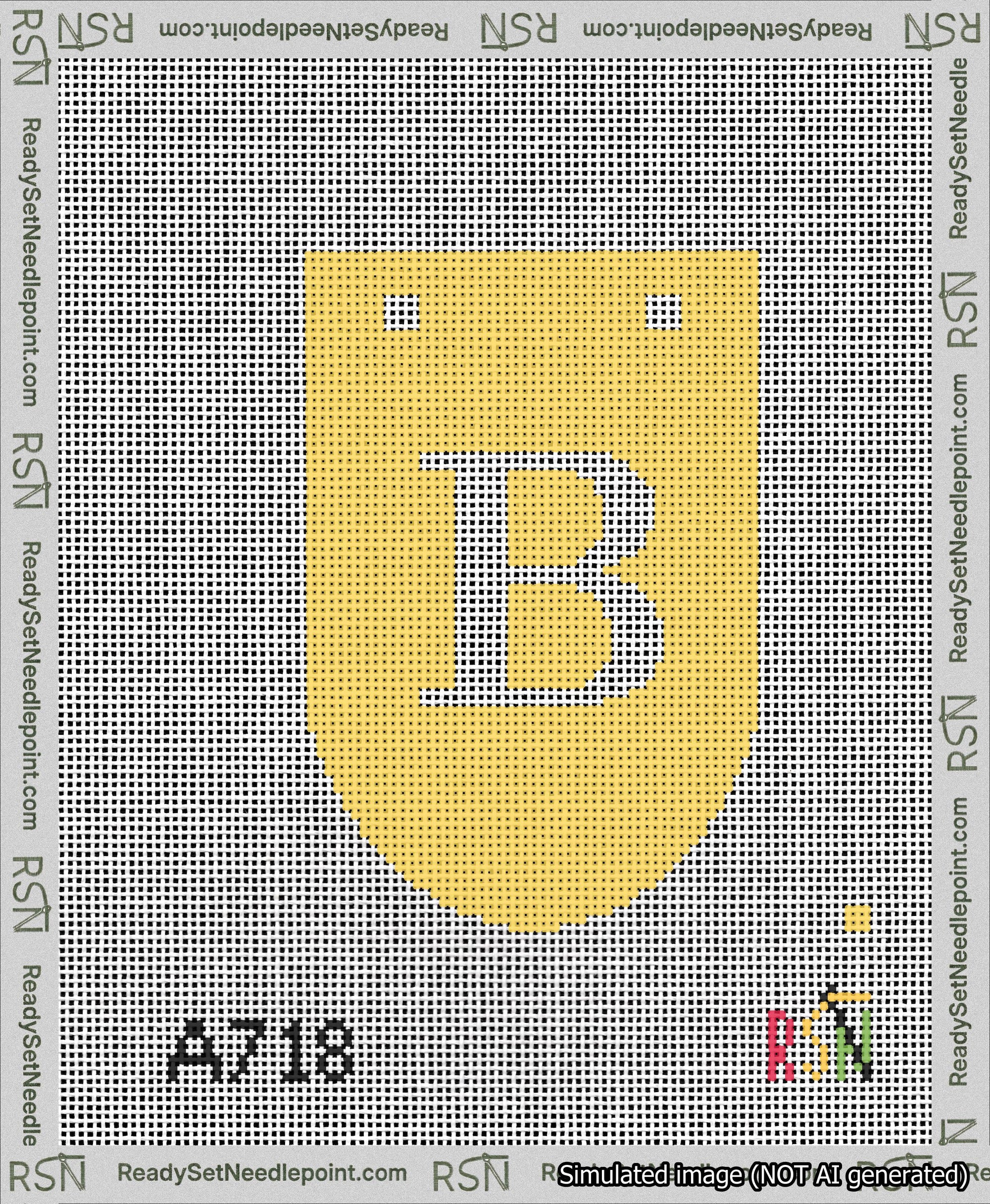 A taped needlepoint canvas with the design: Banner 13 mesh count Rounded B White on Yellow.