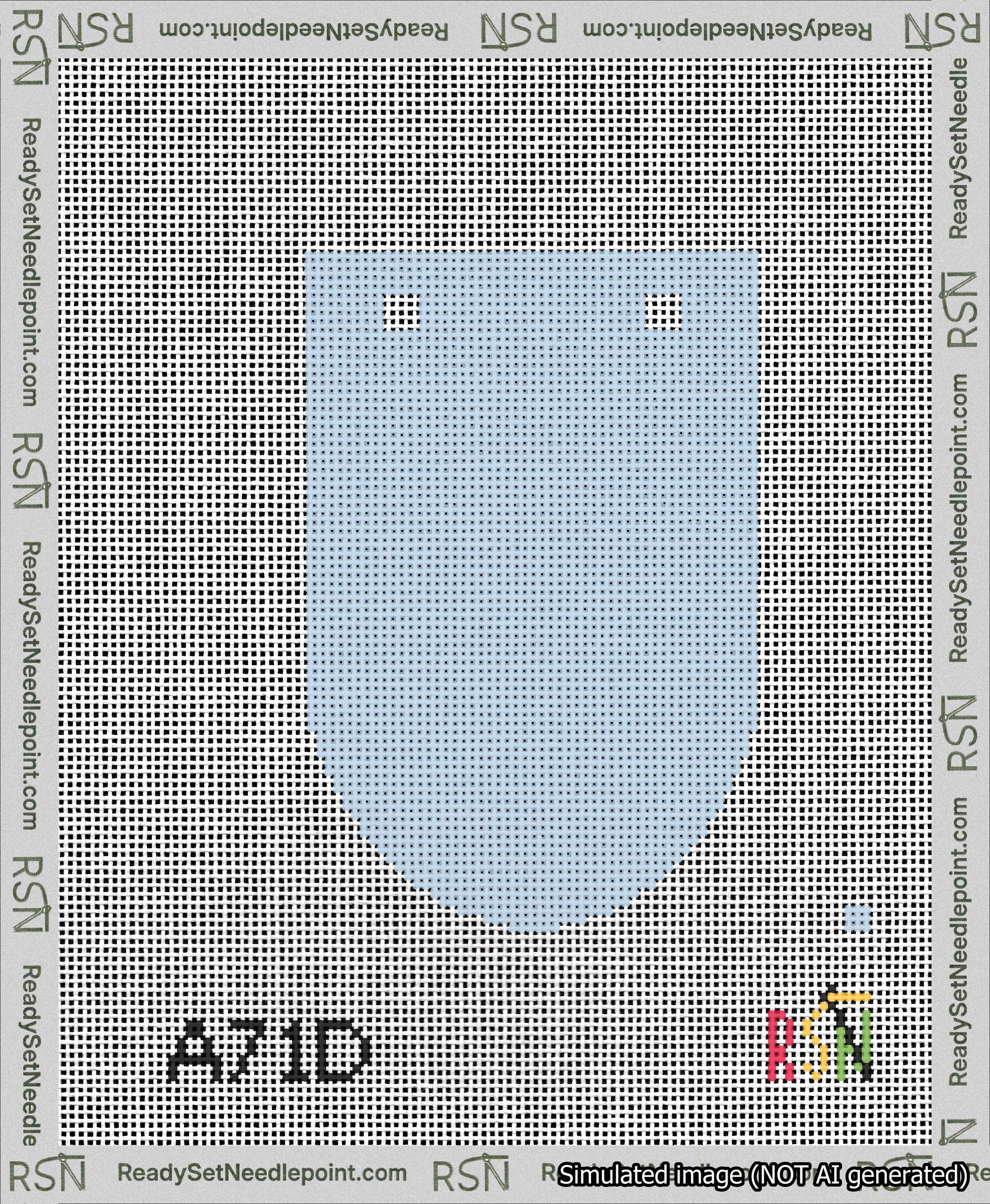 A taped needlepoint canvas with the design: Banner 13 mesh count Rounded Blank Light Blue.