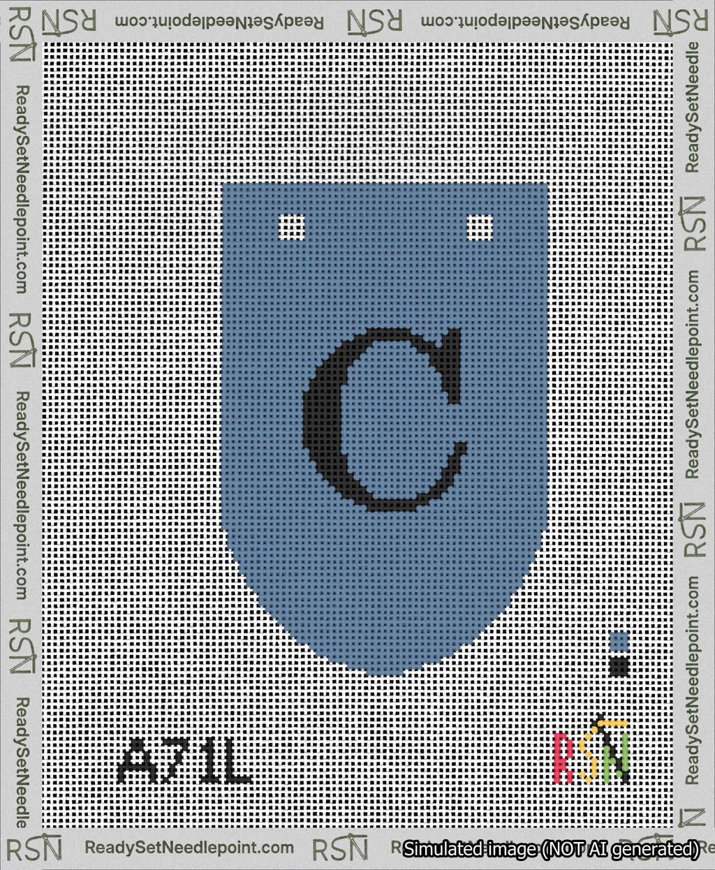 A taped needlepoint canvas with the design: Banner 13 mesh count Rounded C Black on Blue.