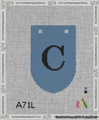 A taped needlepoint canvas with the design: Banner 13 mesh count Rounded C Black on Blue.