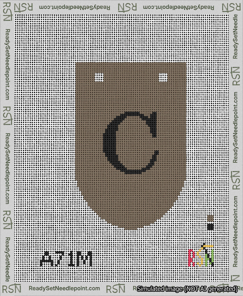A taped needlepoint canvas with the design: Banner 13 mesh count Rounded C Black on Brown.