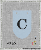 A taped needlepoint canvas with the design: Banner 13 mesh count Rounded C Black on Light Blue.