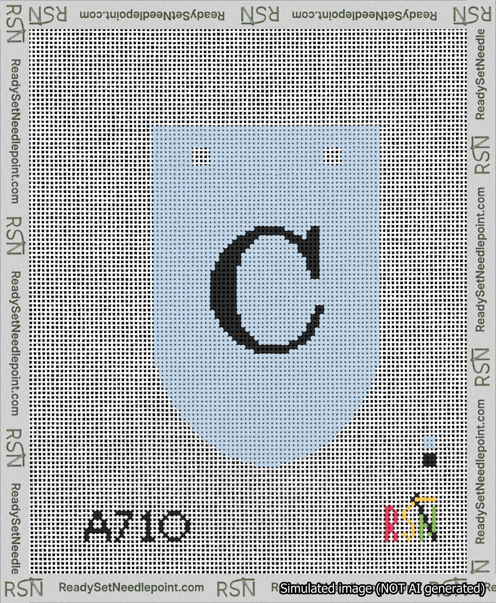 A taped needlepoint canvas with the design: Banner 13 mesh count Rounded C Black on Light Blue.