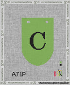 A taped needlepoint canvas with the design: Banner 13 mesh count Rounded C Black on Light Green.