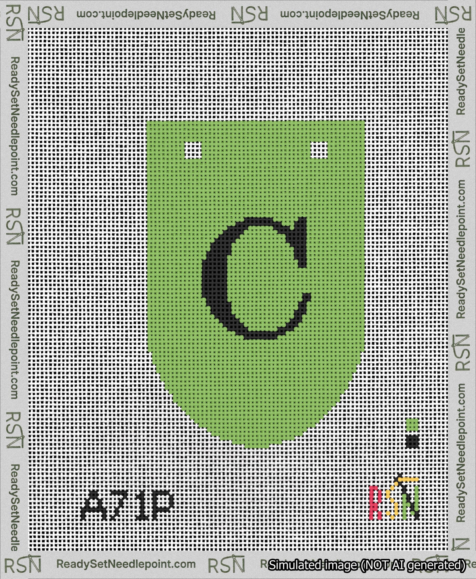 A taped needlepoint canvas with the design: Banner 13 mesh count Rounded C Black on Light Green.