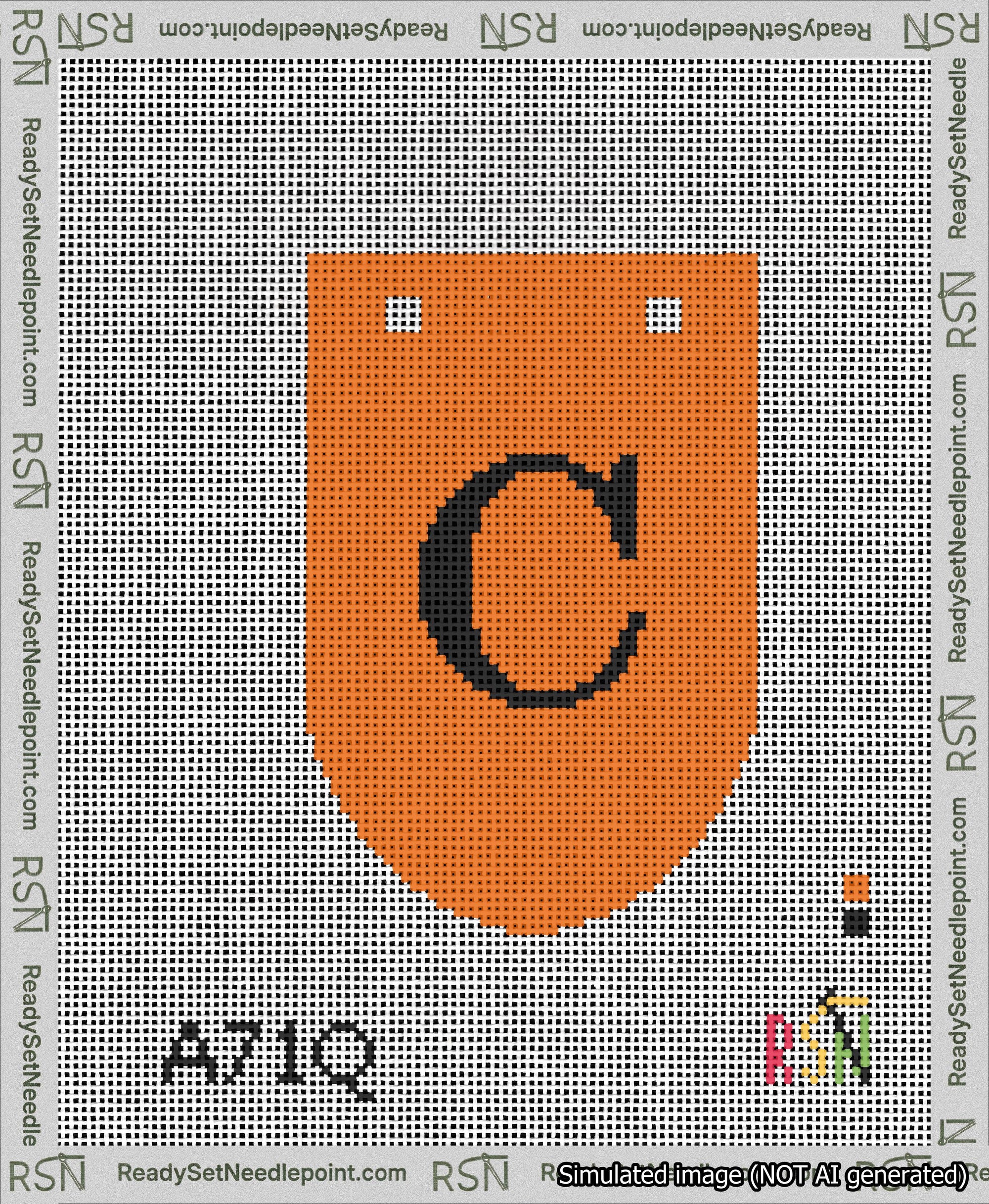 A taped needlepoint canvas with the design: Banner 13 mesh count Rounded C Black on Orange.