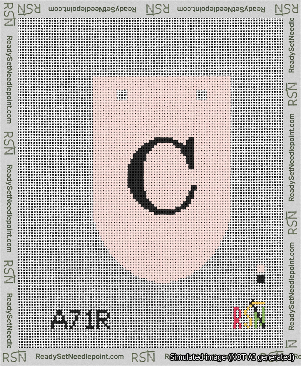 A taped needlepoint canvas with the design: Banner 13 mesh count Rounded C Black on Pink.