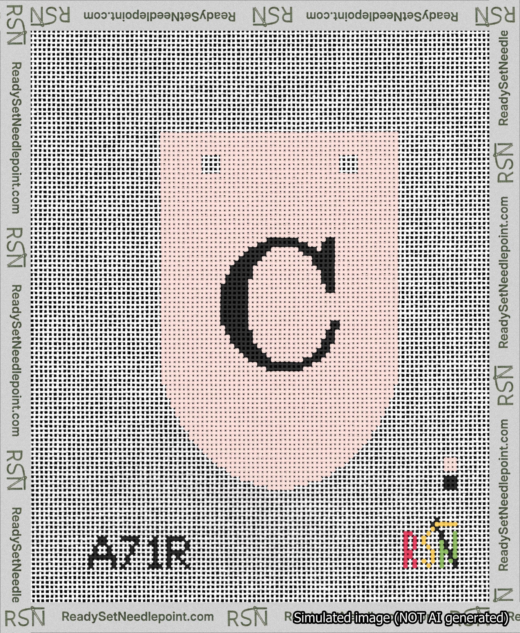A taped needlepoint canvas with the design: Banner 13 mesh count Rounded C Black on Pink.