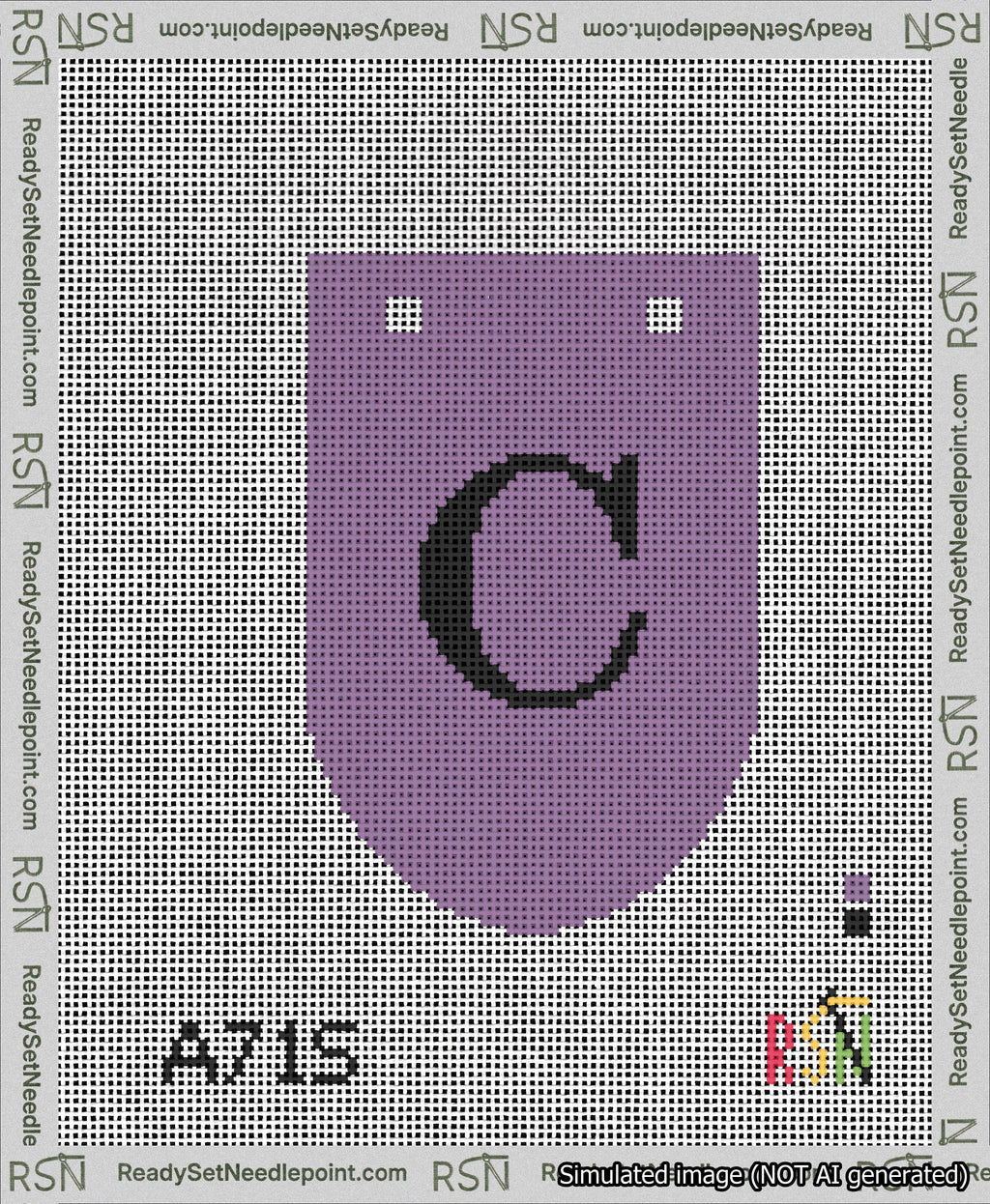 A taped needlepoint canvas with the design: Banner 13 mesh count Rounded C Black on Purple.