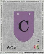 A taped needlepoint canvas with the design: Banner 13 mesh count Rounded C Black on Purple.