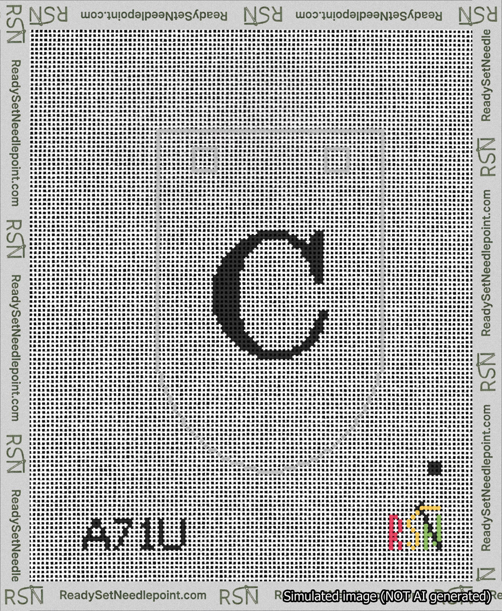 A taped needlepoint canvas with the design: Banner 13 mesh count Rounded C Black on White.