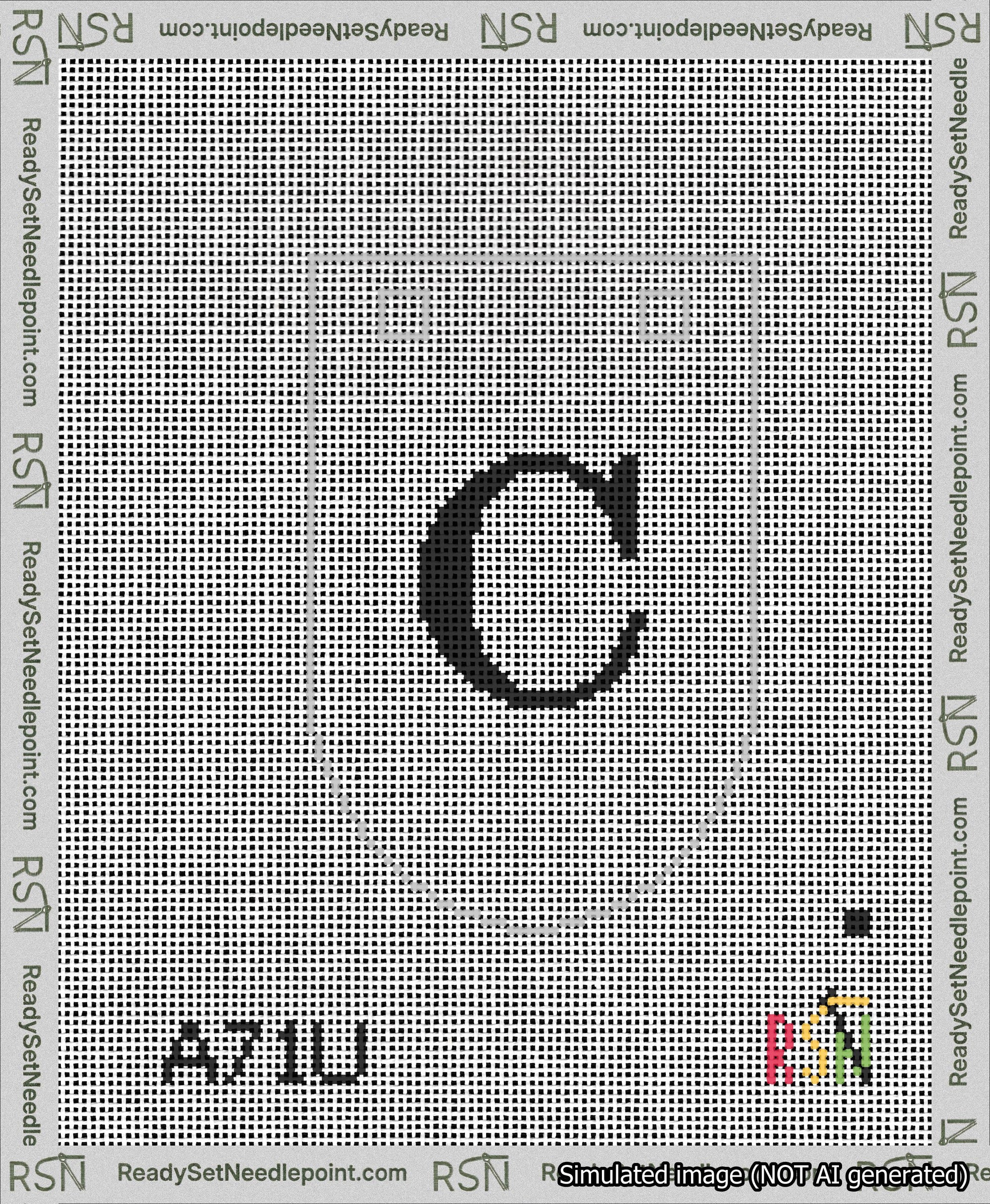 A taped needlepoint canvas with the design: Banner 13 mesh count Rounded C Black on White.