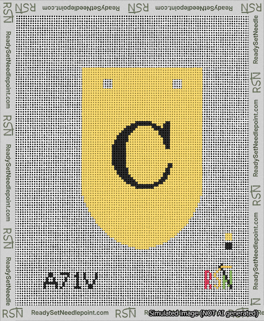 A taped needlepoint canvas with the design: Banner 13 mesh count Rounded C Black on Yellow.