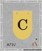 A taped needlepoint canvas with the design: Banner 13 mesh count Rounded C Black on Yellow.