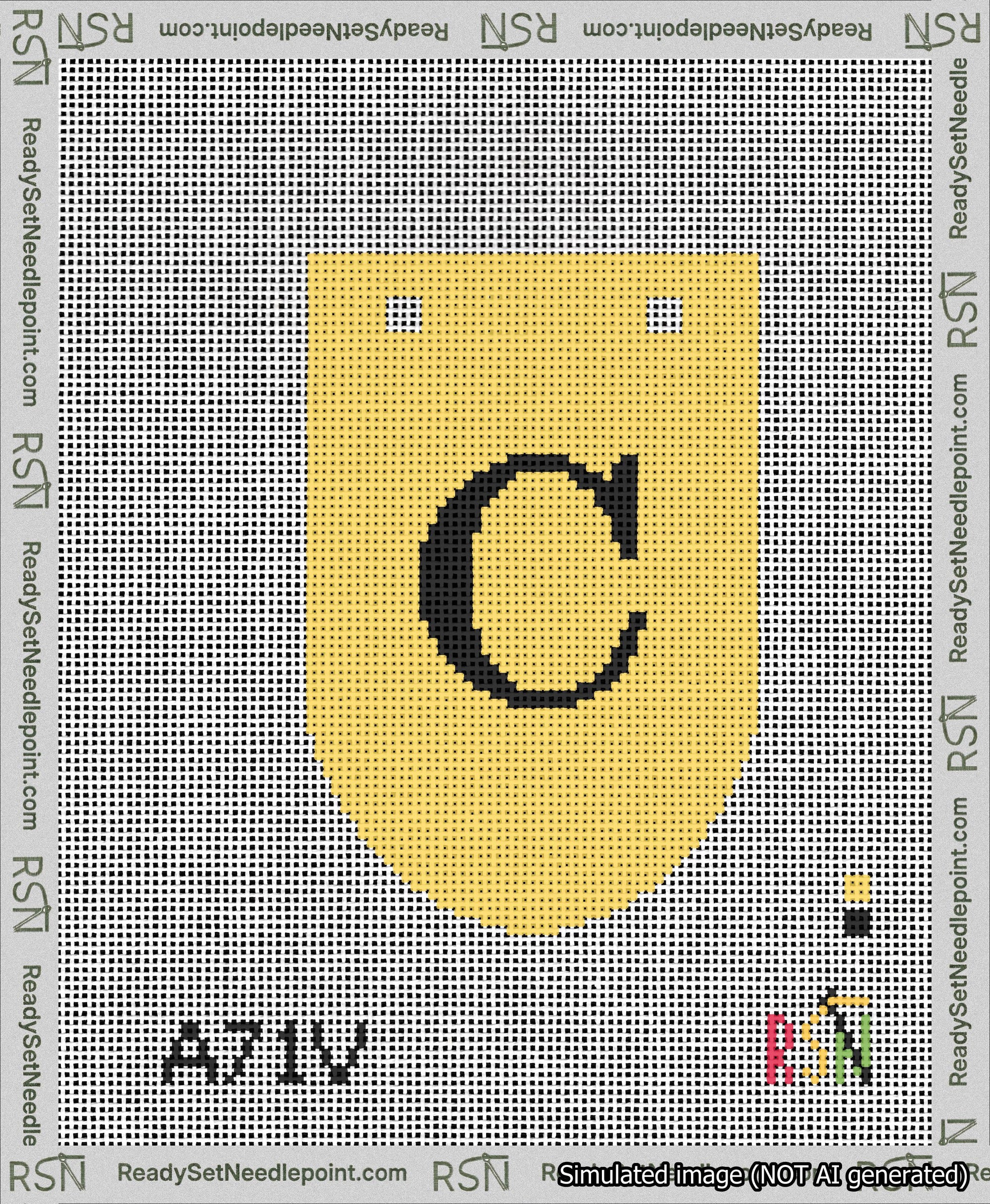 A taped needlepoint canvas with the design: Banner 13 mesh count Rounded C Black on Yellow.