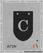 A taped needlepoint canvas with the design: Banner 13 mesh count Rounded C White on Black.