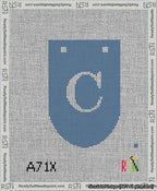A taped needlepoint canvas with the design: Banner 13 mesh count Rounded C White on Blue.