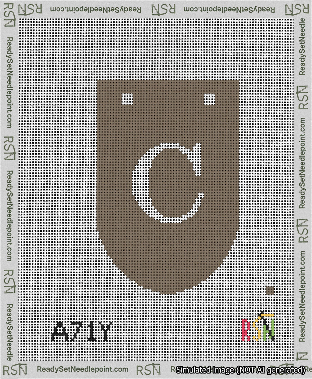 A taped needlepoint canvas with the design: Banner 13 mesh count Rounded C White on Brown.