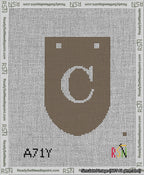 A taped needlepoint canvas with the design: Banner 13 mesh count Rounded C White on Brown.