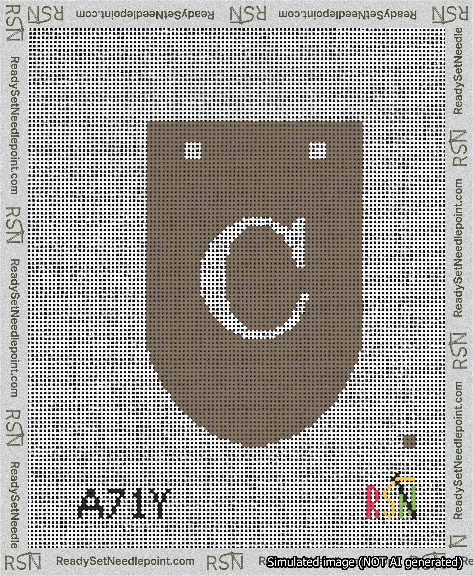 A taped needlepoint canvas with the design: Banner 13 mesh count Rounded C White on Brown.