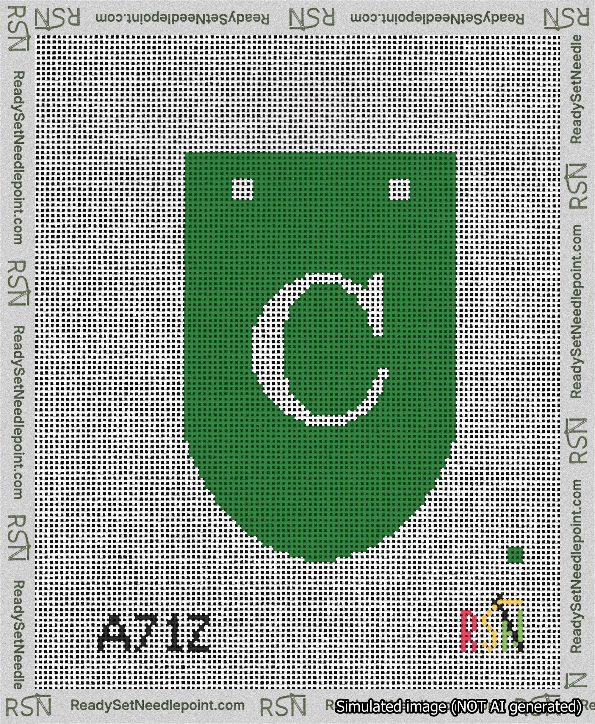 A taped needlepoint canvas with the design: Banner 13 mesh count Rounded C White on Green.