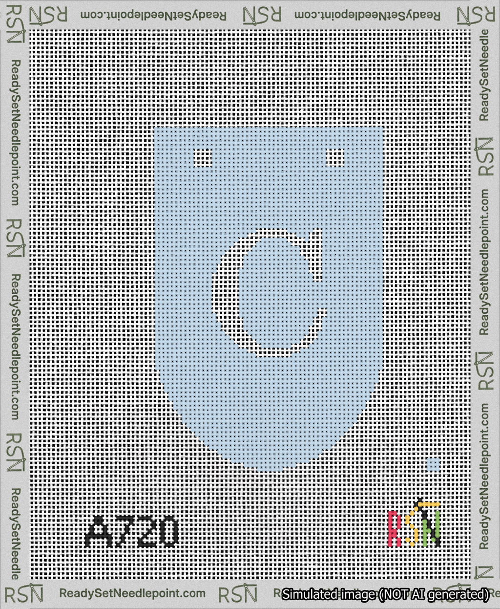 A taped needlepoint canvas with the design: Banner 13 mesh count Rounded C White on Light Blue.