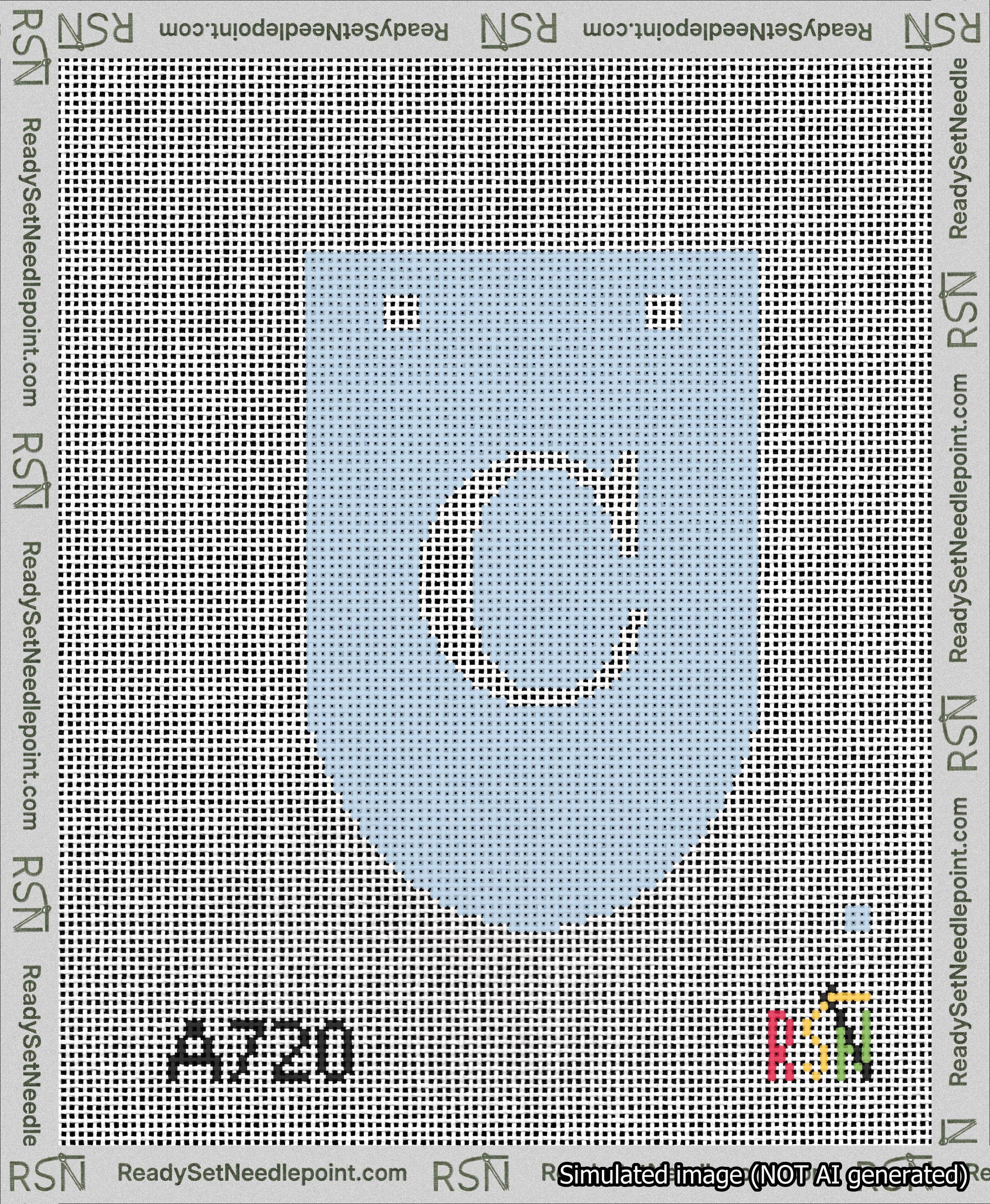A taped needlepoint canvas with the design: Banner 13 mesh count Rounded C White on Light Blue.