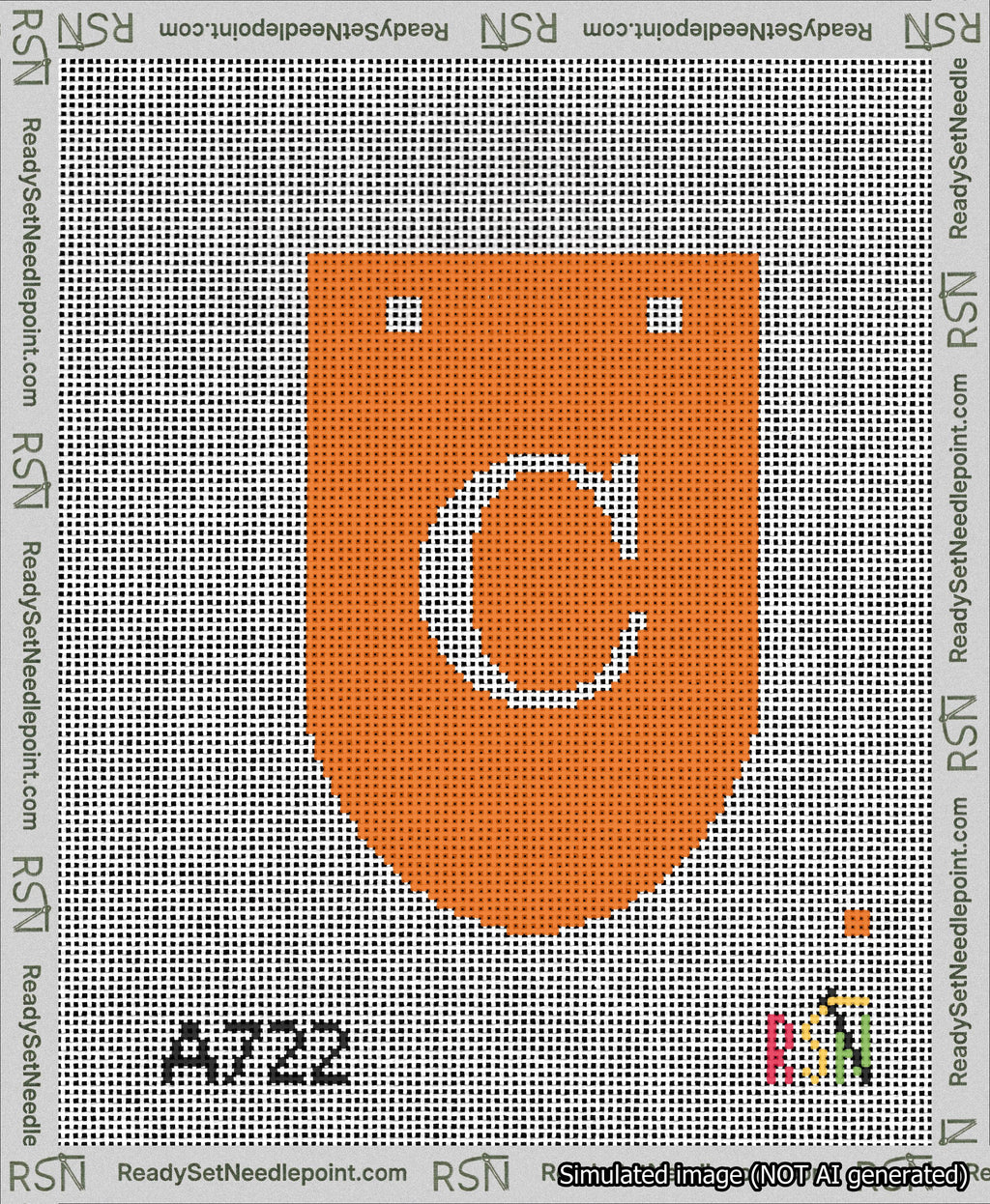 A taped needlepoint canvas with the design: Banner 13 mesh count Rounded C White on Orange.