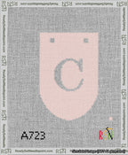 A taped needlepoint canvas with the design: Banner 13 mesh count Rounded C White on Pink.